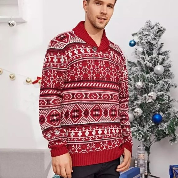 Red Christmas Sweater for Men Fair Isle Knitted Sweater - Full Sleeve Collared - Picture 7 of 11